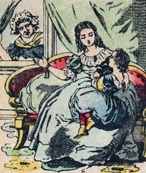 Le Pere Fouettard, a korbácsoló apa francia szereplője, a folklór legendás alakja, aki a szemtelen gyerekeket bünteti: felesége, La Mere Fouettard, a korbácsoló anya, aki nem rója meg a bölcs gyerekeket - Epinal kép