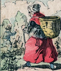 Le Pere Fouettard, a korbácsoló apa francia karaktere, a folklór legendás alakja, aki a szemtelen gyerekeket bünteti: felesége, La Mere Fouettard, a korbácsoló anya, aki üldözi az iskolát kihagyó gyerekeket - Epinal kép
