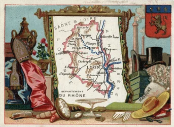 Le Rhone (69), Rhone Alpes (Rhone-Alpes), Franciaország. Helyi specialitás: selyem, barna, csipke. Sorozat a francia minisztériumokról. Kromolitográfia (Chromo) „” a földrajzi szál””, 1920 körül. Magángyűjtemény.