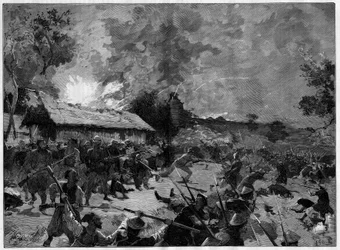 Hue-i csapda (guet apens), 1885. július 4-5.: egy tonkinai hadsereg (Vietnam) támadása de Courcy tábornok francia csapatai ellen. Metszet a ""The Illustrious World""-ben