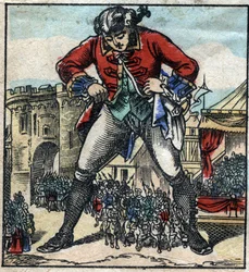 Lemuel Gulliver a liliputiak földjén. Illusztráció a Gulliver utazásaihoz, Jonathan Swift (1667-1745). Epinális képalkotás a 19. század végén.