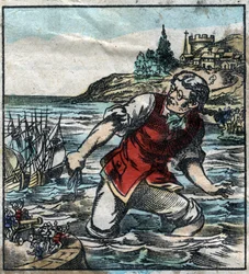 Lemuel Gullliver a Blefuscu-hadsereg hajóit a főváros Lilliput kikötőjébe lőtte. Illusztráció a Gulliver utazásaihoz, Jonathan Swift (1667-1745). Epinális képalkotás a 19. század végén.
