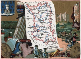 Les Deux Sevres (Deux-Sevres, 79), Poitou Charente (Poitou-Charente), Franciaország. Niort angyali. Sorozat a francia minisztériumokról. Kromolitográfia (Chromo) „” a földrajzi szál””, 1920 körül. Magángyűjtemény.