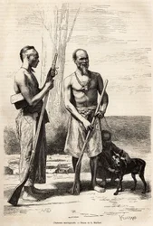 A Formosa-sziget hegyi vadászai, metszet D.Maillard rajza után, amely a kínai utazást illusztrálja, J. Thompson, 1870-1872, megjelent a „” Le tour du monde””” 1875-ben, szerkesztette Edouard Charton, Hachette kiadás, Párizs. Selva Collecti