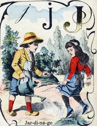 J betű: Kertészet. "ABC des joux pour petits boys" gravírozás. Pont-a-Mousson, Louis Vagne, nyomdász-kiadó képalkotása, 19. század vége. Mérete: 32,5x25 cm