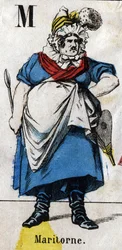 M betű: Maritorne. Metszet "ábécé maskara". Új Epinal képalkotás. Nyomda-litográfia Pinot et Sagaire, szerkesztők, Epinal, 19. század második fele. Ná 491 tábla 25 világító betűvel. Mérete: 40,5x28 cm