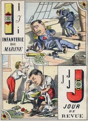 Letters I and J: Marine Infantry and Review Day. Metszet "Comic Military Alphabet"-ben. Ötödik sorozat. Epinális képalkotás. Pellerin és Cie, Nyomtatók, Epinal, 19. század vége. 16 oldal. Mérete: 25x18,5 cm