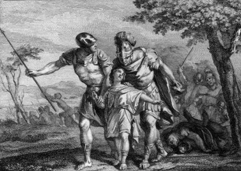 II. Childebert (570-596), Ausztrália királyának felszabadítása, 575: I. Childebert és Brunehilde (Brunehaut) fia, nagybátyja, Chilperic 1er vitte el apja halálakor. 18. századi metszet.