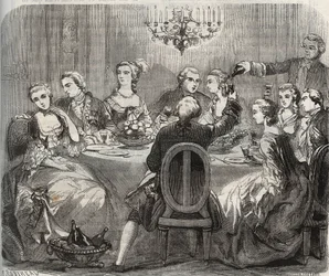 Libertinage: VII. Christian (1749-1808), Dánia és Norvégia királya a Marie Madeleine Guimard (1743-1816) táncosnő által Pantin házában szervezett szabadelvű lakomán. Metszet 1871-ből Henry de Kock (1819-18) „Histoire Des Cocus Celebres” c.