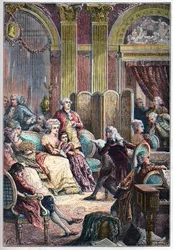 Irodalmi szalon – Jacques-Henri Bernardin, Saint-Pierre (Szent Pierre) „Paul és Virginie” felolvasása Madame Necker párizsi szalonjaiban – Necker asszony mellett, férje, Jacques Necker és lánya, Germaine, később Mme de. Stael - Előadás