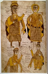 Lodhanri, az alamanok (vagy alemanok: germán törzs) királya egy eveque-t, egy herceget és egy grófot vesz körül. Kézirat „Alari breviárium és más jogi szövegek” (folio 197v), Franciaország, Vallee de la Loire (?), 803-814. Paris, B N