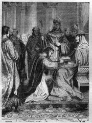 I. Lotharia (795-855) II. Adrián pápa (792-872) lábánál. Metszet a „Pápák-királyok-királynők és császárok története az évszázadokon keresztül” című könyvébe, Maurice Lachatre