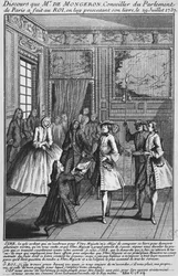 Louis Basile Carre de Montgeron felajánlja Francois de Paris diakónusról és Saint-Medard görcsrohamairól szóló könyvét XV. Lajos királynak, 1737