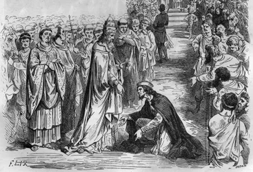 I. Lajos, a jámbor vagy a Debonnaire (778-840) V. István pápa (Stefano, pápa 896-tól 897-ig) térdében. Metszet a „Histoire des Papes-Rois-Queen and Empereurs a travers les centuries” című könyvébe, Maurice Lachatre