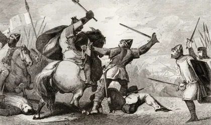 VI. Lajos (1081-1137) Nagy megküzd az angolokkal a Brenneville-i csatában, Colart „Histoire de France” című művéből, 1840 körül.