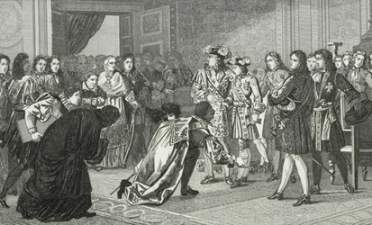 XIV. Lajos (1638-1715), a Napkirály bemutatja unokáját, V. Fülöpöt (1683-1746) a spanyol követeknek, Colart "Histoire de France" című művéből, kiadva 1840 körül.