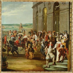 XIV. Lajos a versailles-i kertben lévő Thetis barlang előtt ...