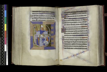 MS 300 f.177v-178r, Matins, Virgin és Child két váza között ülve a padon (fent); Krisztus árulása, Júdás megcsókolja Krisztust, és Szent Péter levágta Malkus fülét (lent), a francia Izabella zsoltárából és óráiból, Párizs, 1265-70 körül (toll és