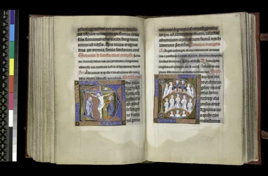 MS 300 f.198v-199r, Választási jog a keresztre és választójog az angyalokhoz, a francia Izabella zsoltárából és óráiból, Párizs, 1265-70 körül (toll, tinta és tempera pergamenen)