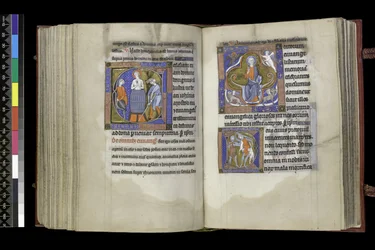 MS 300 f.201v-202r, Választójog Szent Jánosnak és választójog a Szent Ártatlanoknak, Franciaország Izabella zsoltárából és óráiból, Párizs, 1265-70 körül