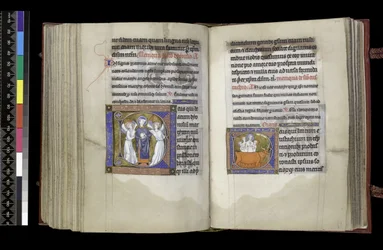 MS 300 f202v-203r, Suffrage to St Denis and Suffrage to St Eustace, from the Zsoltár és Isabella of France, Paris, c.1265-70