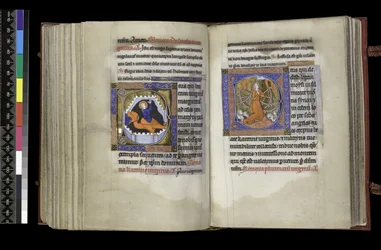 MS 300 f.206v-207r, választójog Szent Margitnak és választójog Szent Katalinnak, a francia Izabella zsoltárából és óráiból, Párizs, 1265–1270 körül (toll, tinta és tempera pergamenen)