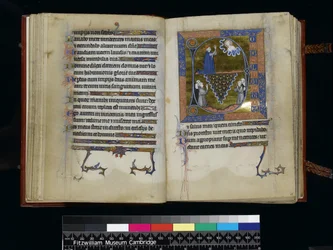 MS 300 f25v-26r, Dávid Istenhez imádkozik, a francia Izabella zsoltárából és óráiból, Párizs, 1265-70 körül