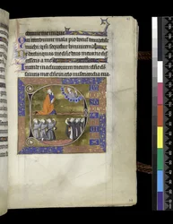 MS 300 f.42r, Dávid felhőben imádkozik Istenhez, a francia Izabella zsoltárából és óráiból, Párizs, 1265-70 körül (toll, tinta és tempera pergamenen)