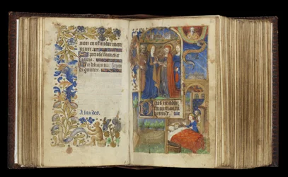 MS 39-1950 f.60v-61r The Visitation (arany, ezüst és színes tinta pergamenre)
