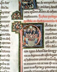 MS 3 Fol. 291v Szent Pál menekülése Damaszkuszból, megvilágított P kezdőbetű, 13. század, az Avranches Bibliából