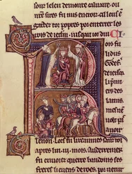 MS Fr 9081 f.99v Történeti kezdetű R, amely I. Balduin flandriai királyt (1171-1205) ábrázolja, akit 1204-ben latin császárrá koronáztak, és nagylelkűségét a gyermekét elküldő török nő iránt.