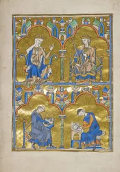 MS M.240 f.8r, Kasztíliai Blanche és IX. Lajos francia király és alatta: A szerző diktál egy írástudónak, Szent Lajos Biblia (Moralizált Biblia), valószínűleg Párizs