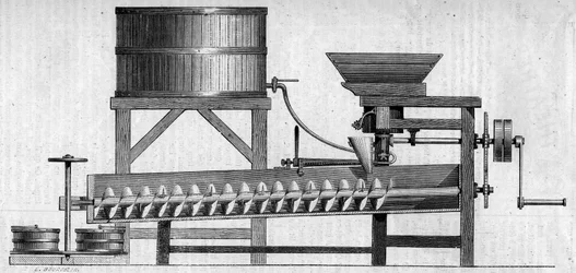 Betonhabarcs készítő gép. Metszet az 1858. május 1-i „” Le Monde Illustré”” 55. sz.