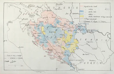 Bosznia térképe az etnikai kisebbségi csoportok által lakott területek részleteivel, 1910