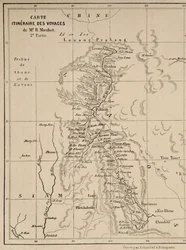 Laosz és a Mekong folyó térképe Henri Mouhot utazásának útvonalával, illusztráció az Utazások Indokína (Sziám), Kambodzsa és Laosz középső részein az 1858., 1859. években című műből, a