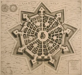 Palmanova térképe, a Les Villes de Venetie című műből, 1704, Rutgert Alberts kiadásában, Hágában