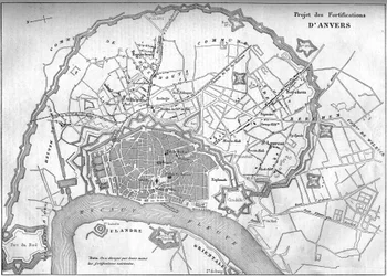 Antwerpen (Belgium) város térképe 1859-ben; amely az új erődítmények projektjét képviseli. Metszet a „” Le Monde Illustré”” 128. számában, szeptember 24