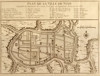 Sziam város térképe, az ilyen nevű királyság fővárosa egy francia mérnök 1687-ben végzett felmérése után, amelyet Antoine Prevost a Histoire Generale des Voyages 1751-es kiadásában tett közzé.