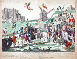 Marche du Don Quichotte Moderne pour la Défense du Moulin des Abus, megjelent 1791 (kézzel színezett rézkarc)