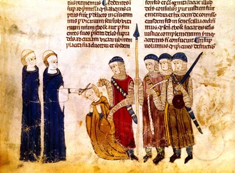 Burgundi Margit (1290-1315) X. Lajos francia király felesége, haját házasságtörésért levágják (pergamen).