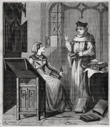 Matthieu Lansbert (Lansberg, Lansbergh, Laensberg vagy Laensbergh) (15.-16. század) et sa unokahúga - Metszet „Mindenki számára elérhetővé tett tudományok – fizika és kémia” című könyvbe, Alexis Clerc - 19. század vége - Magángyűjtemény