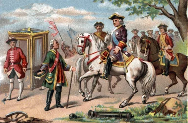 Szász Maurice, a szászországi marechal (1696-1750), a fontenoyi csatában győztes, találkozott XV. Lajos franciasággal (1710-1774). Kromolitográfia 1890 körül.