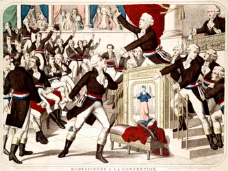 Maximilian Robespierre a kongresszuson (1794. Thermidor 19-i szeánsz), Jean Lambert (Jean-Lambert) Tallian késsel fenyegeti Robespierre-t - A korszak népszerű metszete