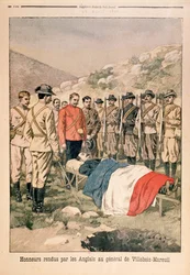 Katonai kitüntetéseket osztottak ki Georges de Villebois-Mareuil (1847-1900) tábornoknak a britek a boshofi temetőben, illusztráció a Le Petit Journalból, 1900. április 29.