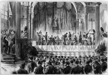Katonai toborzás: sorsolás az 1858-as hadkötelesek számára a párizsi Hotel de Ville Saint Jean termében. Metszet a „” Le Monde Illustré”” 44. számában, 1858. február 13-án.