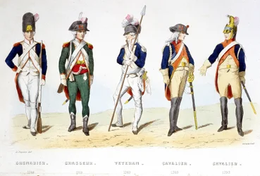 Katonai egyenruha az 1789-es forradalom alatt: gránátos (1789), vadász (1789), veterán (1789), lovas (1789), lovas (1793) - a „Fasttes de Gardes nationales de France”-ban