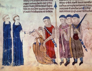 Monk büntetésül kaszált kicsapongásáért. Miniatűr a „Toulouse szokásai” (Folio 33V) kéziratból