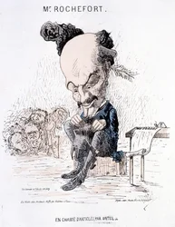 Monsieur Rochefort Untel cikkeit keresve. Karikatúra Rochefortról és a Kommünről.