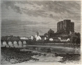 Montrond-les-Bains (Montrond les Bains) megye Loire-ban, a Rhone-Alpes régióban - metszet a „La France illustree: földrajz, történelem, statisztikai igazgatás” füzetbe V.-A. Maláta-barna. 1884