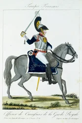 A Királyi Gárda Cuirassiers lovas tisztje, a Troupes Francaises-tól, kocsma. Chez Basset, Párizs, 1790 körül